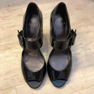 Isola patent leather open toe heels